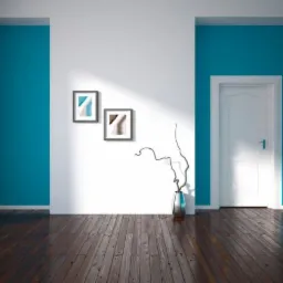 Pomalowane na turkusowo ściany, ciemna drewniana podłoga, białe drzwi i dwie grafiki na ścianie w minimalistycznym wnętrzu z wazonem.