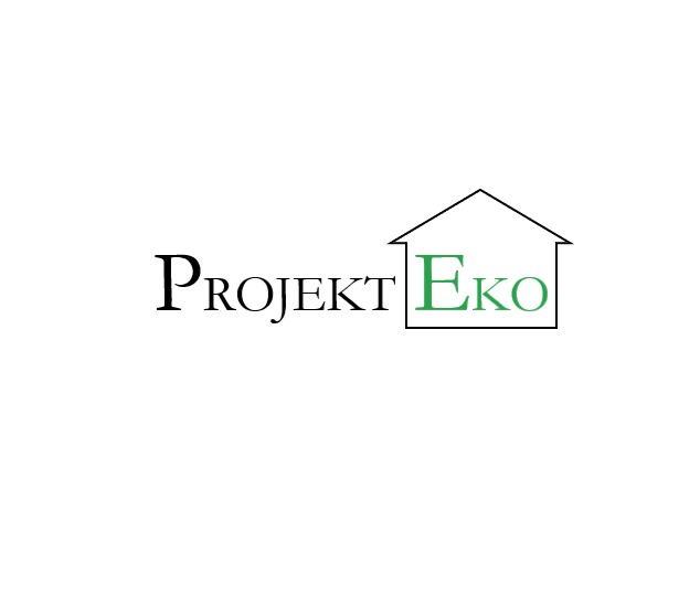 Logo firmy Projekt Eko z zielonym napisem Eko w obrysie domu.