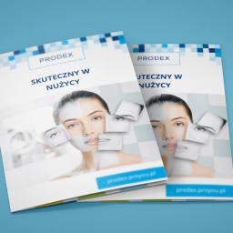 Inferto - Dwie ulotki firmy Prodex na błękitnym tle, prezentujące twarz kobiety z nałożonymi elementami graficznymi i tekstem 'Skuteczny w nużycy', z widocznym adresem strony internetowej.