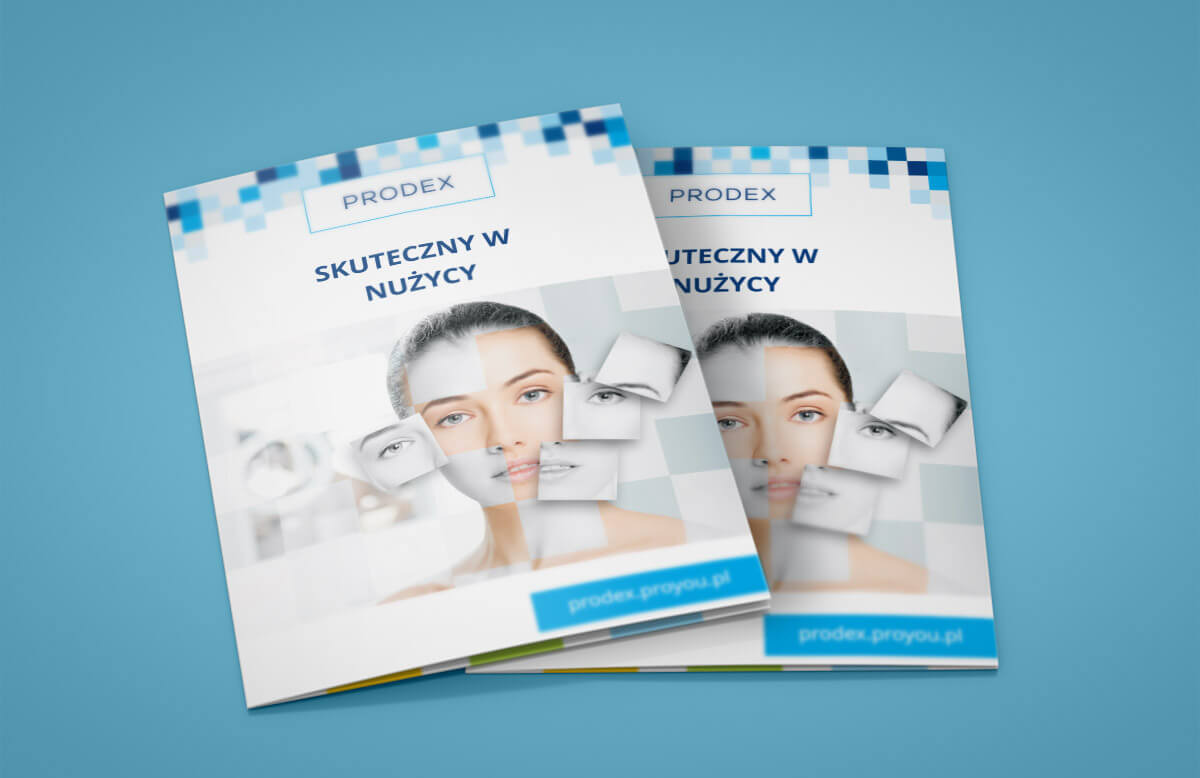 Dwie ulotki firmy Prodex na błękitnym tle, prezentujące twarz kobiety z nałożonymi elementami graficznymi i tekstem 'Skuteczny w nużycy', z widocznym adresem strony internetowej.