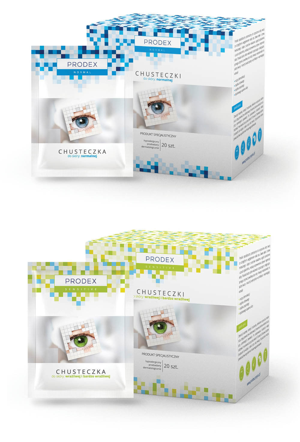 Dwa opakowania chusteczek do demakijażu marki Prodex, wersje dla skóry normalnej i wrażliwej, z grafiką oka na opakowaniu.