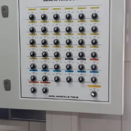 Szara szafa sterownicza z czarnymi pokrętłami zaworów oznaczonych numerami i nazwami, ustawione w trzech pozycjach: Otwórz, Zamknij i Auto, z logo firmy Agro Aranżacje Toruń w dolnej części.