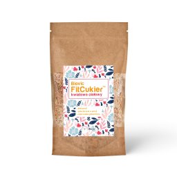 BiovicPharm Instytut Fizjoterapii - Brązowa torebka doypack z okienkiem wypełniona złotym cukrem kwiatowo-ziołowym marki Biovic FitCukier, z etykietą informacyjną o wartościach odżywczych.