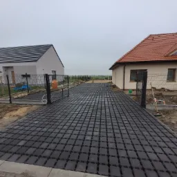 Ułożona, czarna nawierzchnia z ażurowych elementów betonowych tworząca podjazd między dwoma domami z ogrodzeniami, widok z poziomu gruntu w pochmurny dzień.