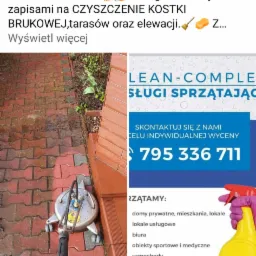 Czyszczenie kostki brukowej za pomocą myjki ciśnieniowej, widoczna różnica w kolorze między czystą a brudną powierzchnią. Fragment reklamy firmy sprzątającej z numerem telefonu i zakresem usług.