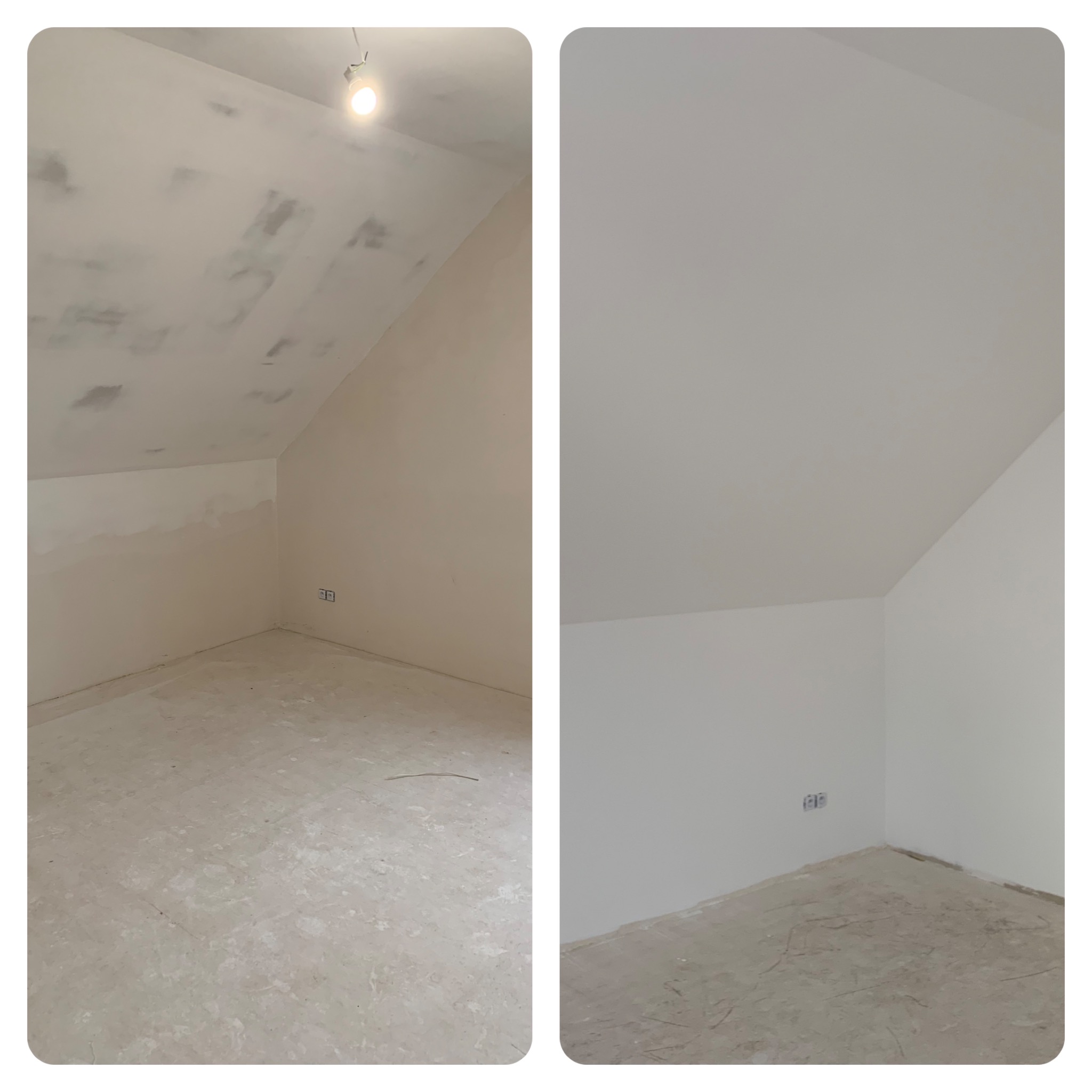Porównanie stanu pokoju na poddaszu przed i po pracach wykończeniowych: po lewej ściany przygotowane do malowania z widocznymi łatami, po prawej ściany i sufit po malowaniu na gładko, widoczne...