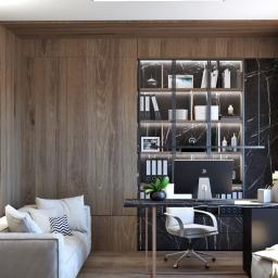 Żeromska Projektowanie wnętrz - Eleganckie biuro domowe z sofą, marmurową ścianą i regałem podświetlanym LED, biurko z komputerem i ergonomicznym krzesłem, drewniane panele ścienne, abstrakcyjny obraz na ścianie.