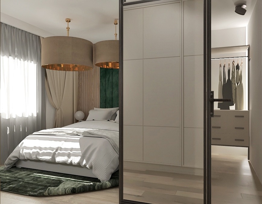 Nowoczesna sypialnia z łóżkiem, garderobą i dwoma okrągłymi lampami wiszącymi, widok przez szklane drzwi.