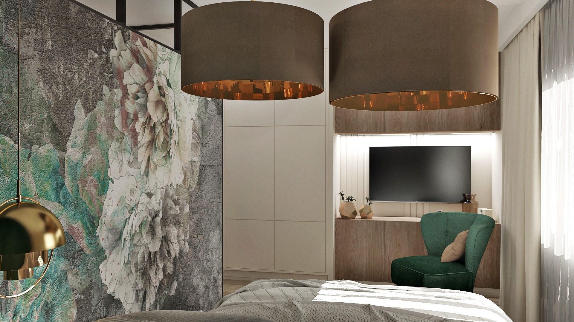 Nowoczesna sypialnia z tapetą w kwiaty, dwoma dużymi lampami z brązowymi abażurami i złotym wnętrzem, zielonym fotelem oraz telewizorem w zabudowie meblowej.