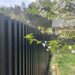 Nowoczesne ogrodzenie z pionowych, matowych, czarnych paneli, z kwitnącą gałęzią drzewa na pierwszym planie, widok na dom w tle.