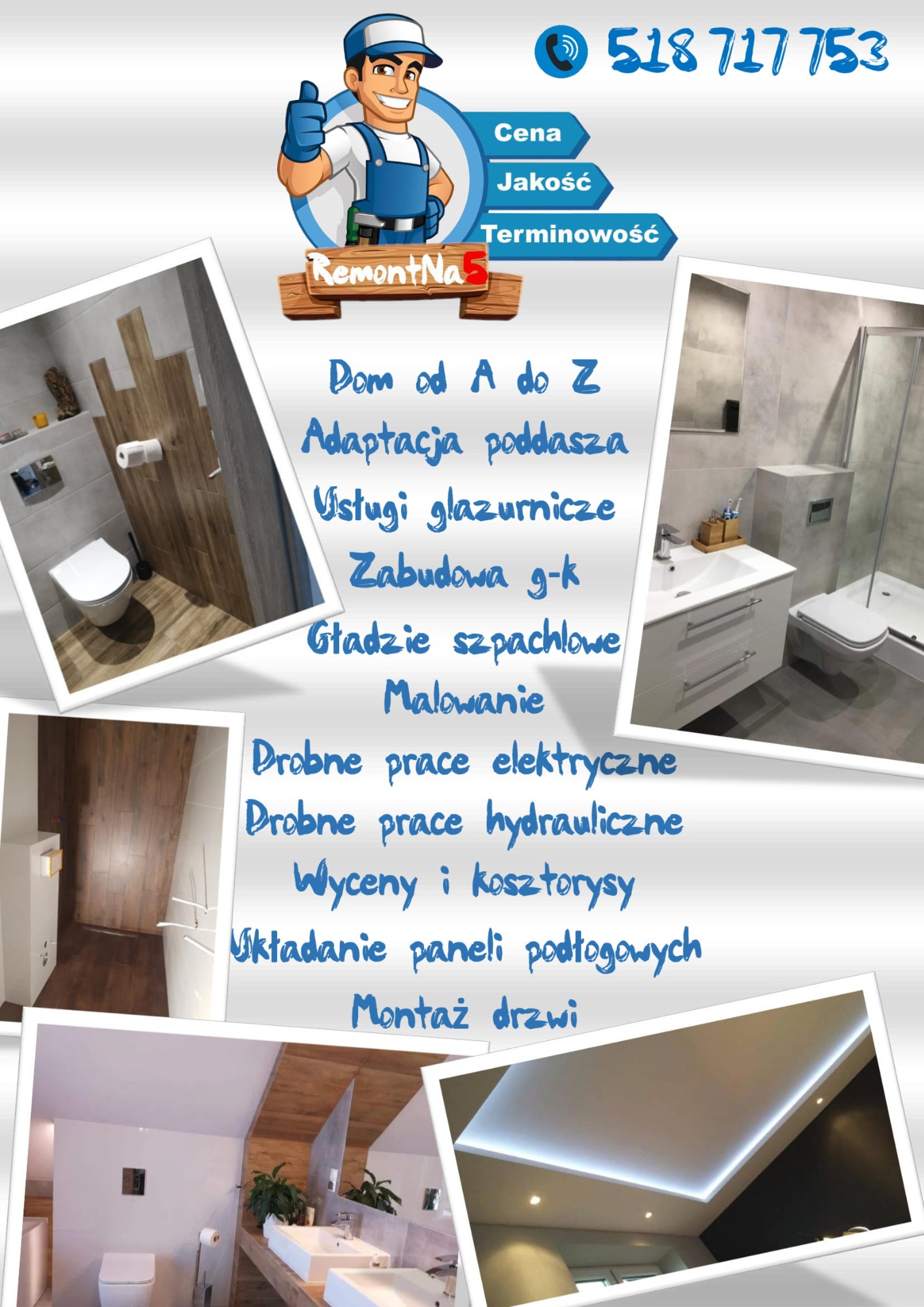 Kolaż zdjęć łazienek po remoncie, z logo firmy remontowej i listą usług, w tym usługi glazurnicze, gładzie, malowanie i montaż.