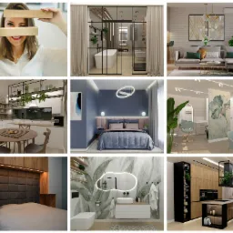 Kolaż z aranżacjami wnętrz: łazienka z wanną, pokój z łóżkiem, salon z sofą, kuchnia z jadalnią, salon kosmetyczny i sypialnia z oświetleniem LED. Różne style i kolory.