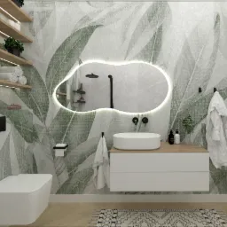 Nowoczesna łazienka z umywalką nablatową, podświetlanym lustrem o nieregularnym kształcie i tapetą w motywy roślinne. Widoczne półki z oświetleniem LED i akcesoria łazienkowe.