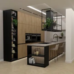 Nowoczesna kuchnia z drewnianymi frontami, czarnymi akcentami i wyspą. Minimalistyczny design z roślinami doniczkowymi i oświetleniem LED.