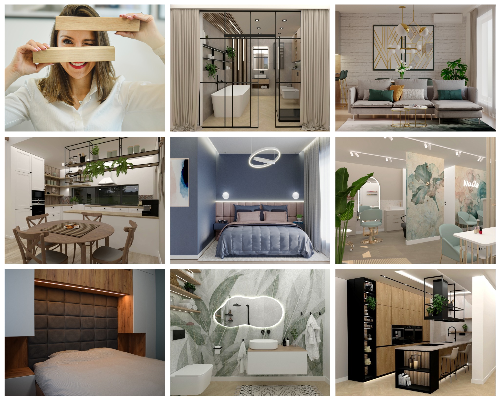 Kolaż z aranżacjami wnętrz: łazienka z wanną, pokój z łóżkiem, salon z sofą, kuchnia z jadalnią, salon kosmetyczny i sypialnia z oświetleniem LED. Różne style i kolory.