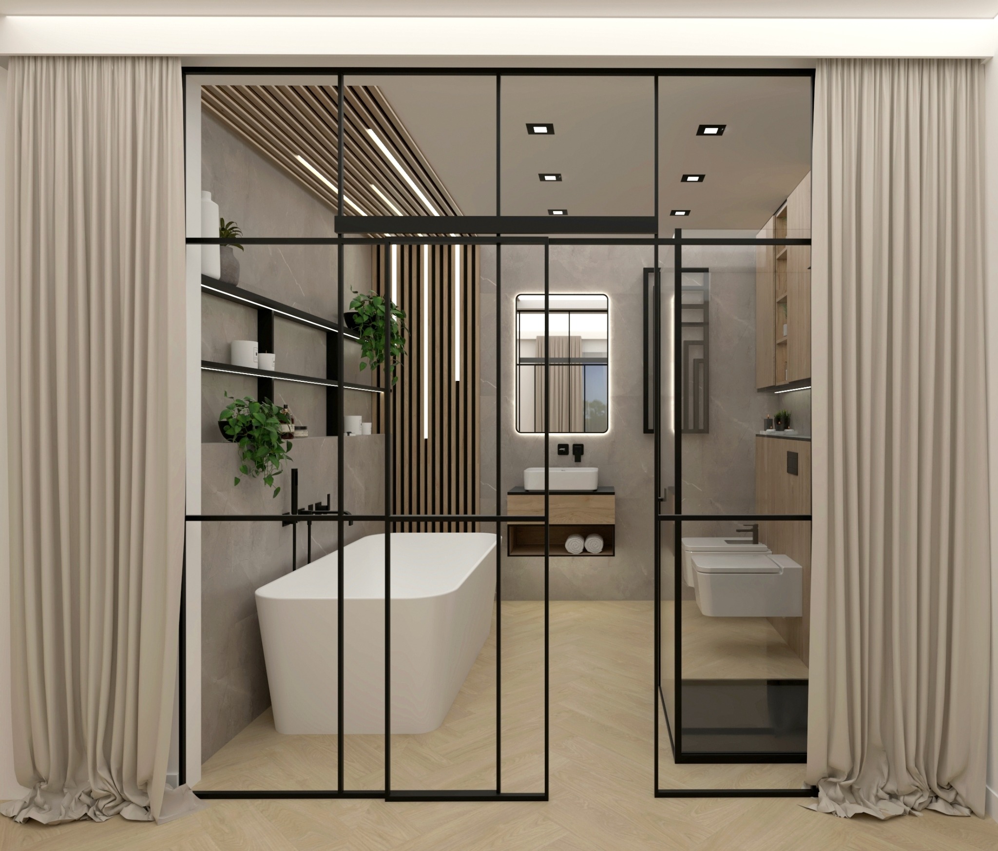 Elegancka łazienka z wanną wolnostojącą, przeszkloną kabiną i drewnianymi akcentami. Minimalistyczny design z roślinami i subtelnym oświetleniem.