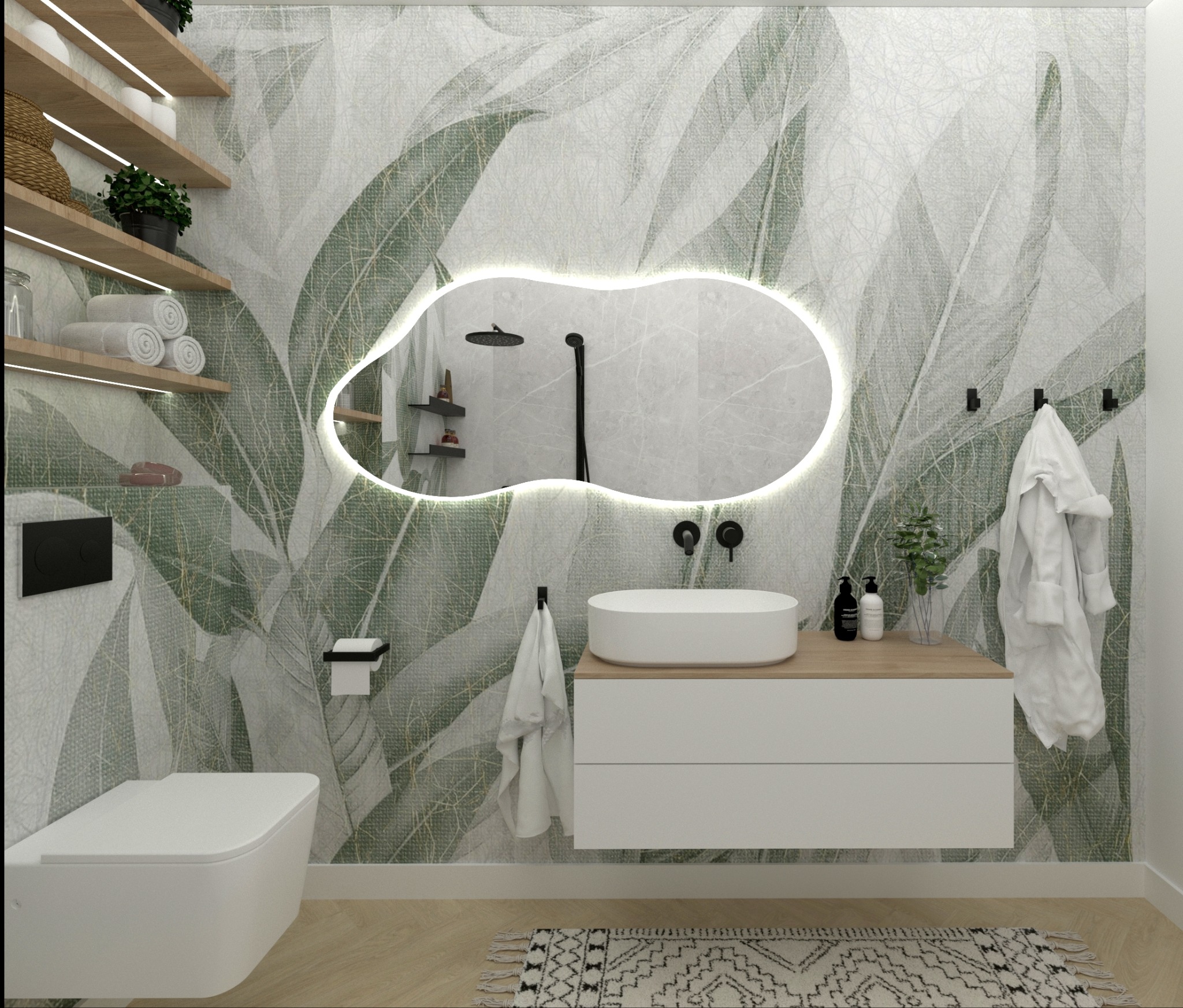 Nowoczesna łazienka z umywalką nablatową, podświetlanym lustrem o nieregularnym kształcie i tapetą w motywy roślinne. Widoczne półki z oświetleniem LED i akcesoria łazienkowe.