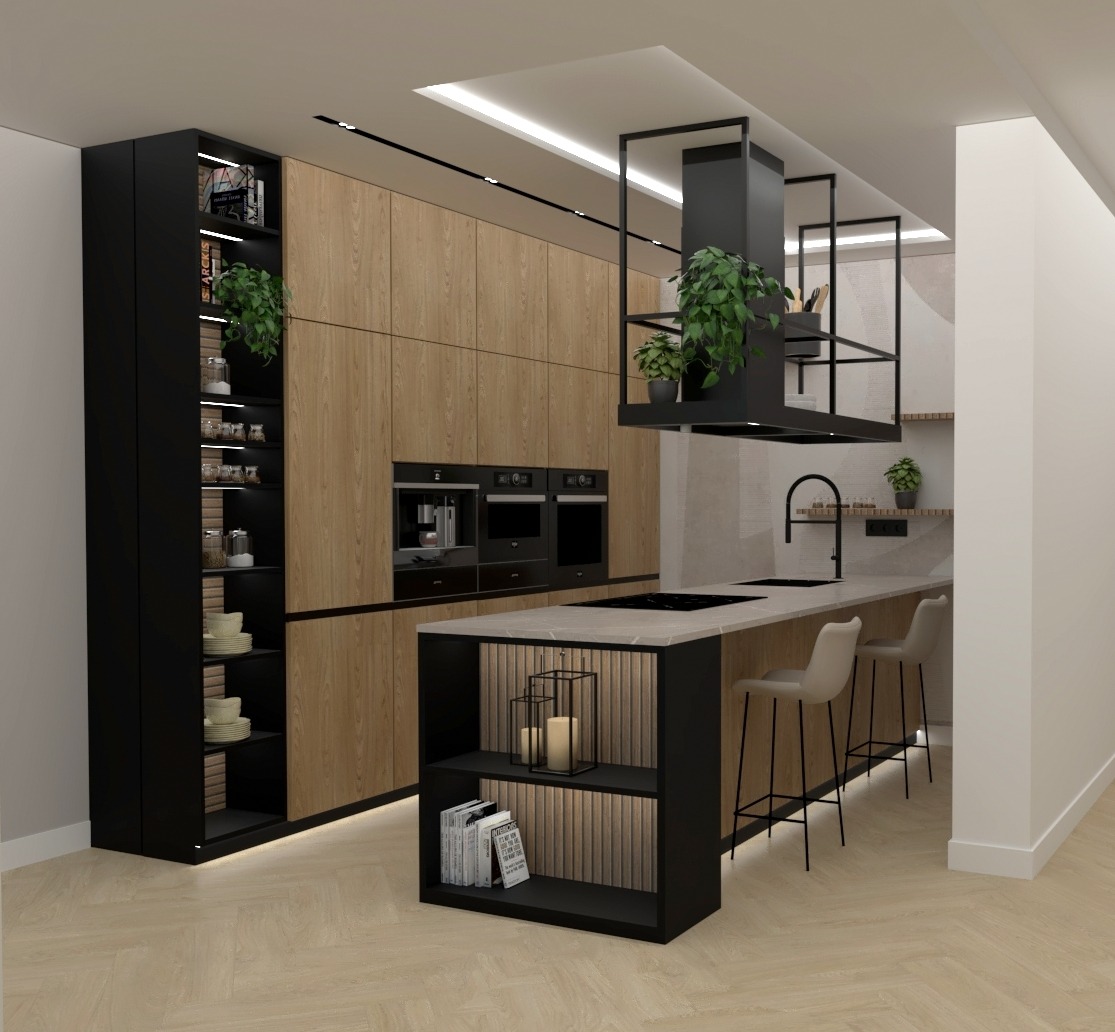 Nowoczesna kuchnia z drewnianymi frontami, czarnymi akcentami i wyspą. Minimalistyczny design z roślinami doniczkowymi i oświetleniem LED.