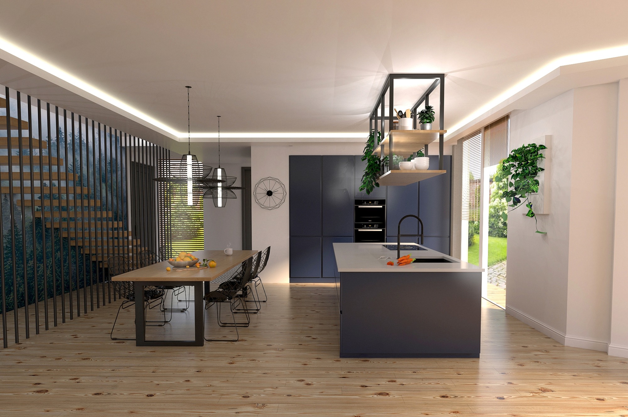 Nowoczesna kuchnia z wyspą, drewnianym stołem i krzesłami z metalowymi nogami. Nad wyspą wiszą półki z roślinami. Za stołem widoczna ściana z drewnianymi listwami i schodami.
