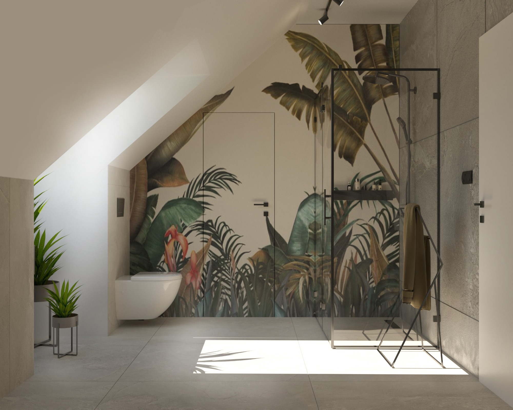 Wnętrze łazienki na poddaszu z kabiną prysznicową typu walk-in i toaletą podwieszaną, ozdobione tapetą w motywy tropikalne i roślinami doniczkowymi, oświetlone reflektorami punktowymi.