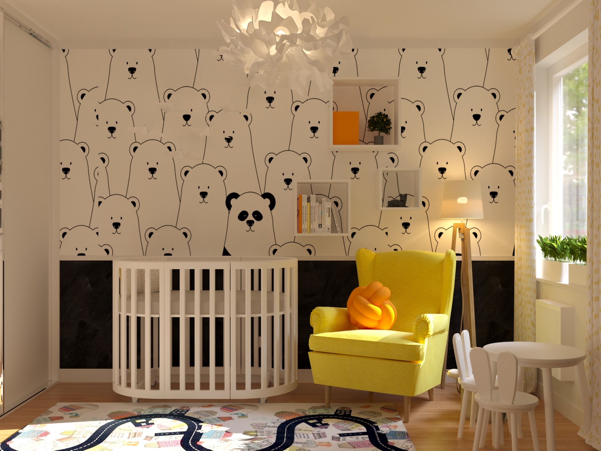 Pokój dziecięcy z okrągłym łóżeczkiem, żółtym fotelem z ozdobną poduszką, tapetą w misie i pandę, białym stolikiem z krzesełkami w kształcie królików oraz regałami ściennymi.