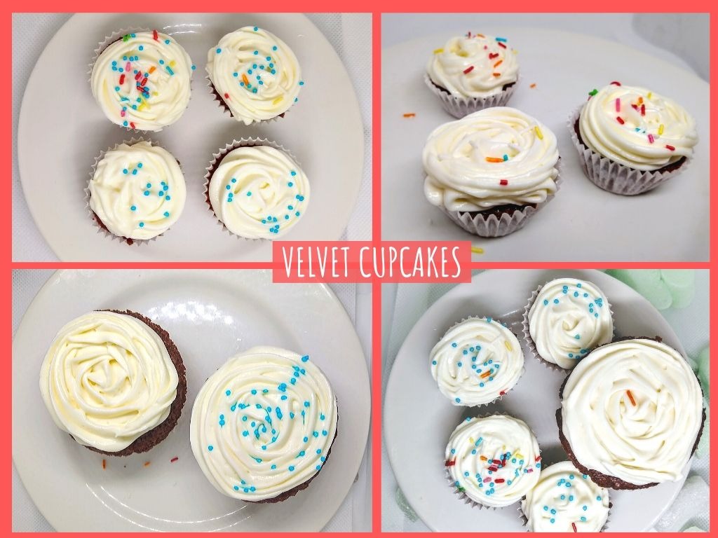 Kolaż czterech ujęć babeczek red velvet z kremem i posypką, ułożonych na białych talerzach.