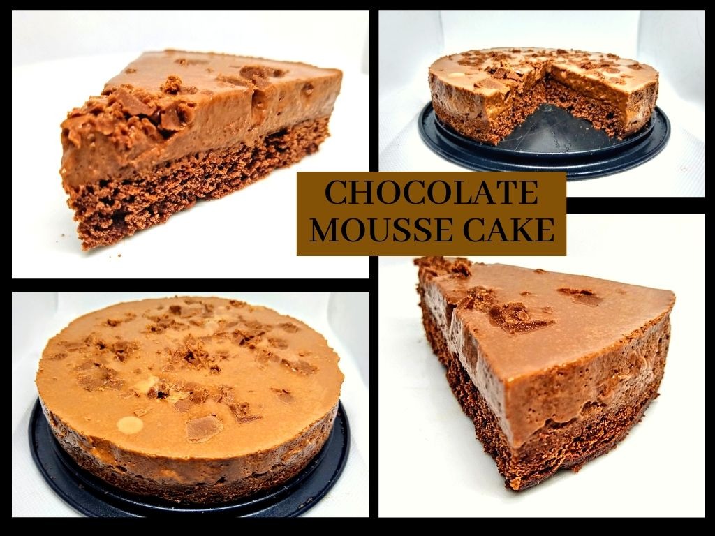 Kolaż przedstawiający tort czekoladowy typu mousse z widoczną warstwą czekoladowego biszkoptu i gładką, błyszczącą polewą, udekorowany kawałkami czekolady. Jeden fragment tortu jest wycięty...