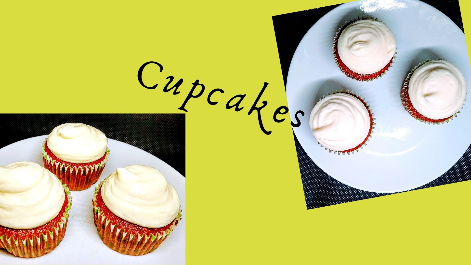 Trzy czerwone babeczki z białym kremem na białym talerzu, ujęcie z góry, z dekoracyjnym tłem.