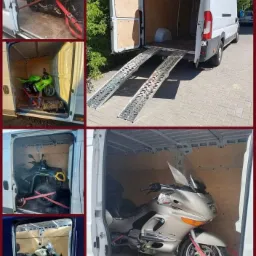 Kolaż zdjęć z wnętrza busa z rampami, ukazujący transport motocykli, quada i małego motoru, zabezpieczonych czerwonymi pasami.