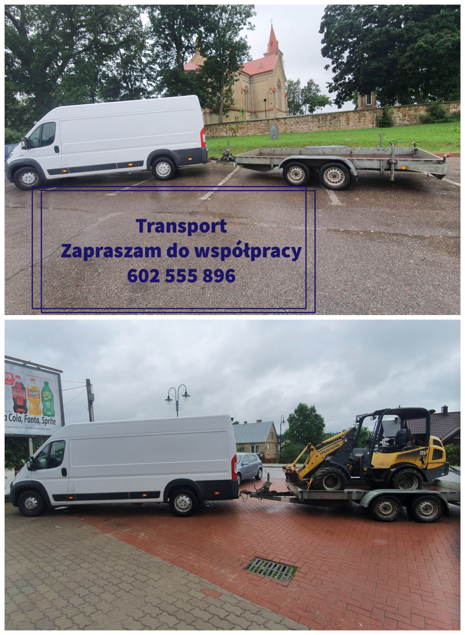 Biały bus z przyczepą w Dąbrowie Białostockiej, na przyczepie żółta mini ładowarka Mustang 306. Na pierwszym planie reklama Coca Coli, Fanta i Sprite.