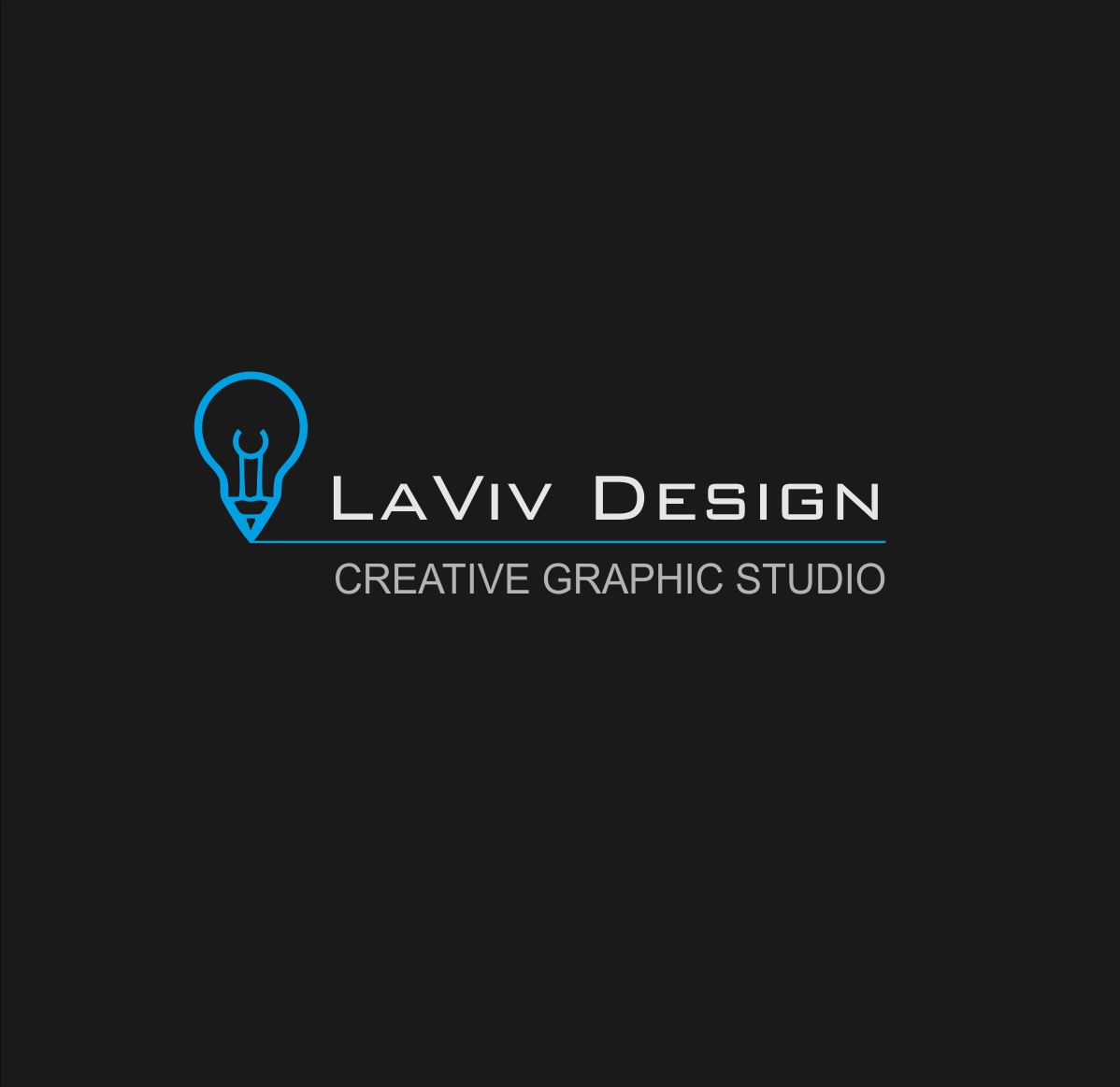 Minimalistyczne logo 'LAVIV DESIGN Creative Graphic Studio' na czarnym tle, z ikoną żarówki połączonej z ołówkiem w kolorze niebieskim.