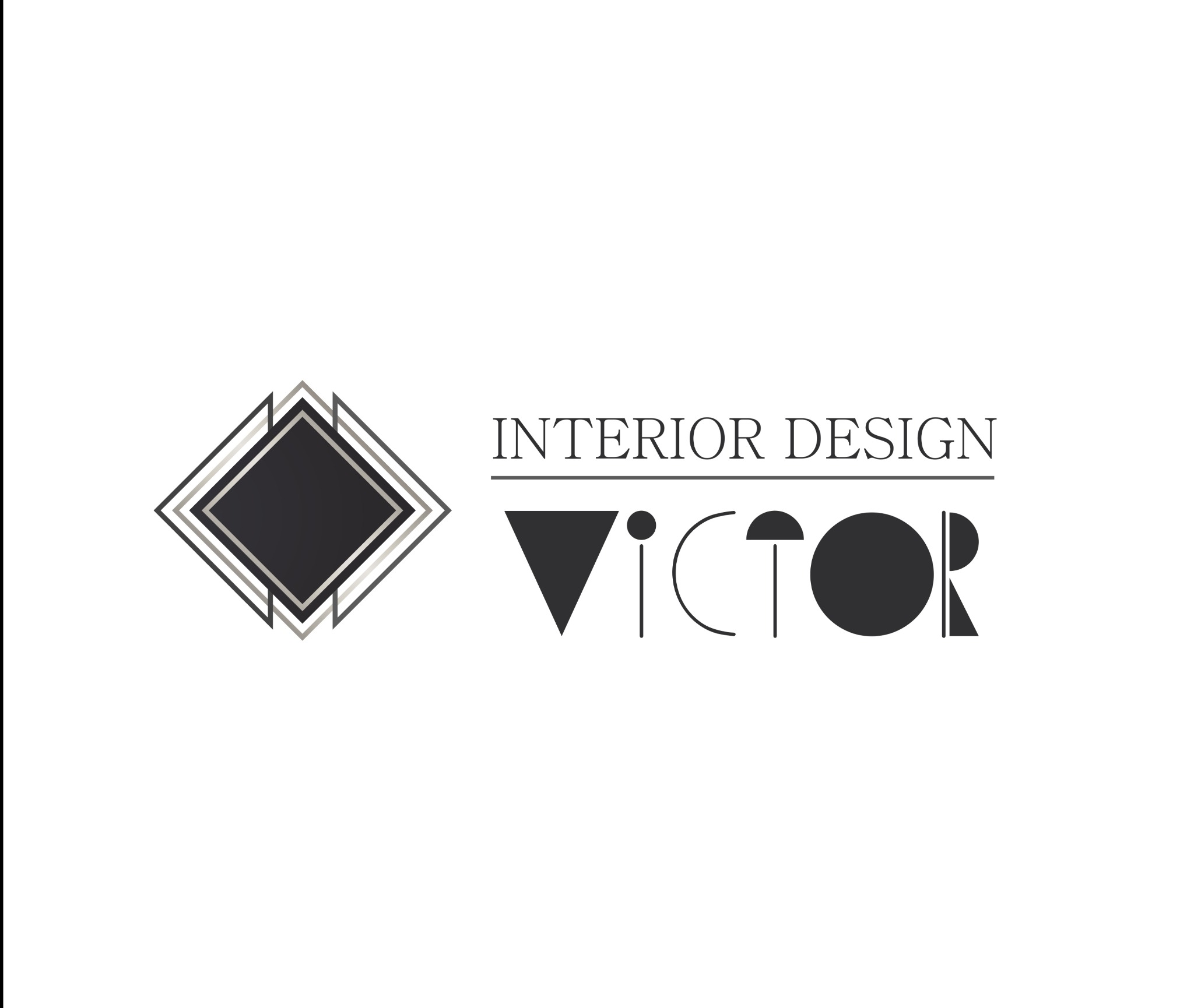 Minimalistyczne logo firmy Interior Design z geometrycznym symbolem rombu i napisem 'VICTOR' stylizowanym na figury geometryczne.