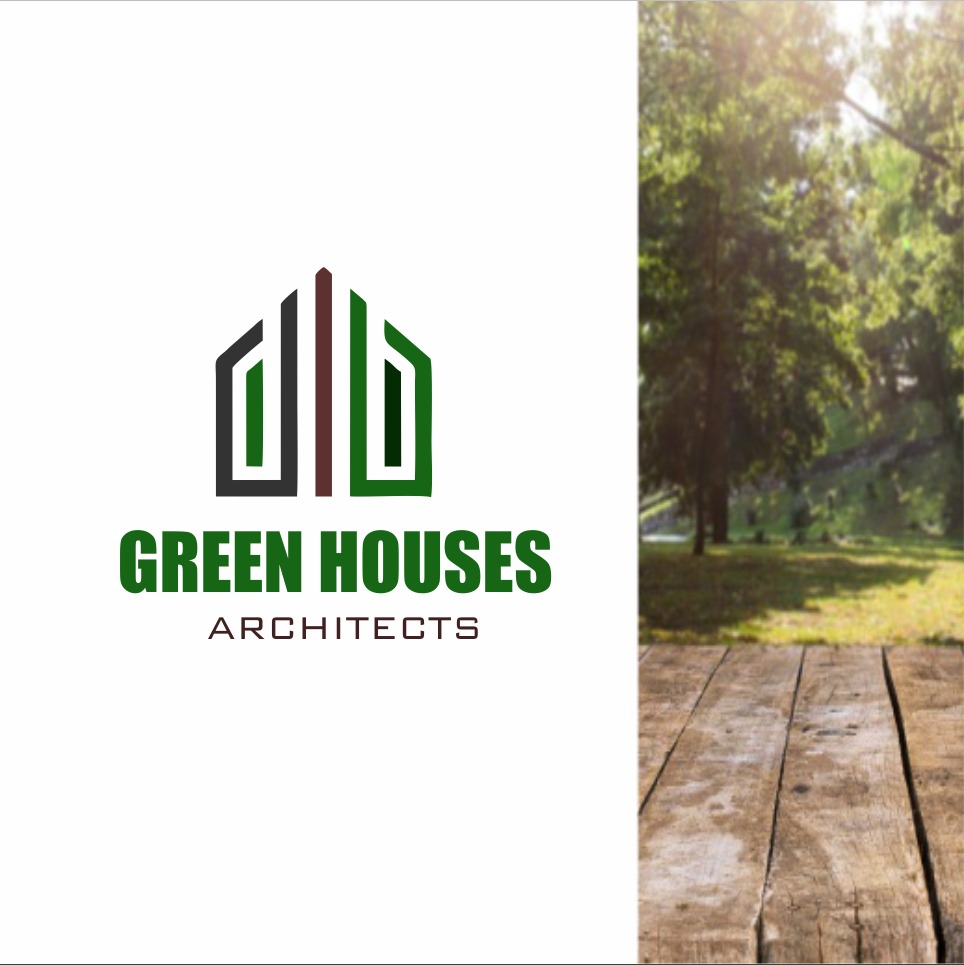 Logo firmy architektonicznej Green Houses z abstrakcyjnym symbolem budynku w kolorach zieleni i brązu, umieszczone na białym tle z częściowo widocznym, rozmytym tłem parkowym i drewnianym blatem...