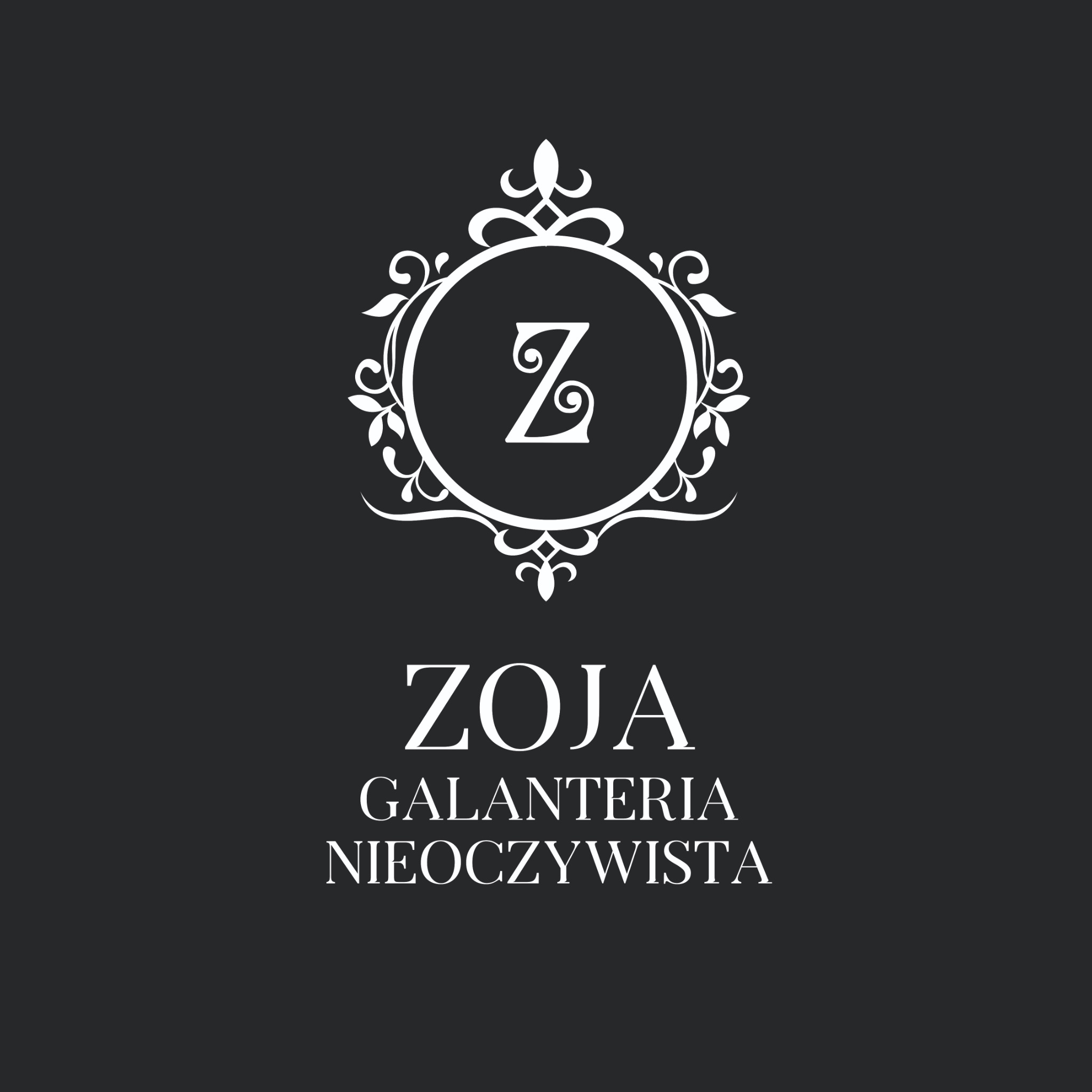 Eleganckie logo firmy z Torunia, przedstawiające ozdobną literę 'Z' w okręgu z ornamentami, nad nazwą 'ZOJA GALANTERIA NIEOOCZYWISTA' na ciemnym tle.