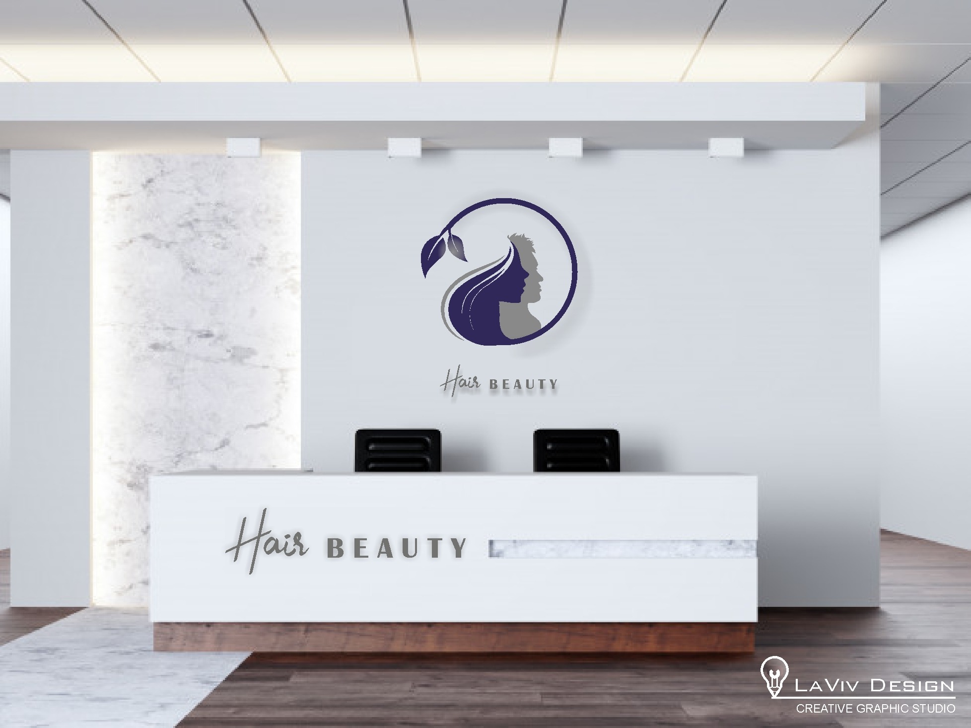 Wizualizacja recepcji salonu fryzjerskiego z logo 'Hair Beauty' na ścianie i ladzie recepcyjnej, w minimalistycznym stylu z elementami marmuru i drewna.