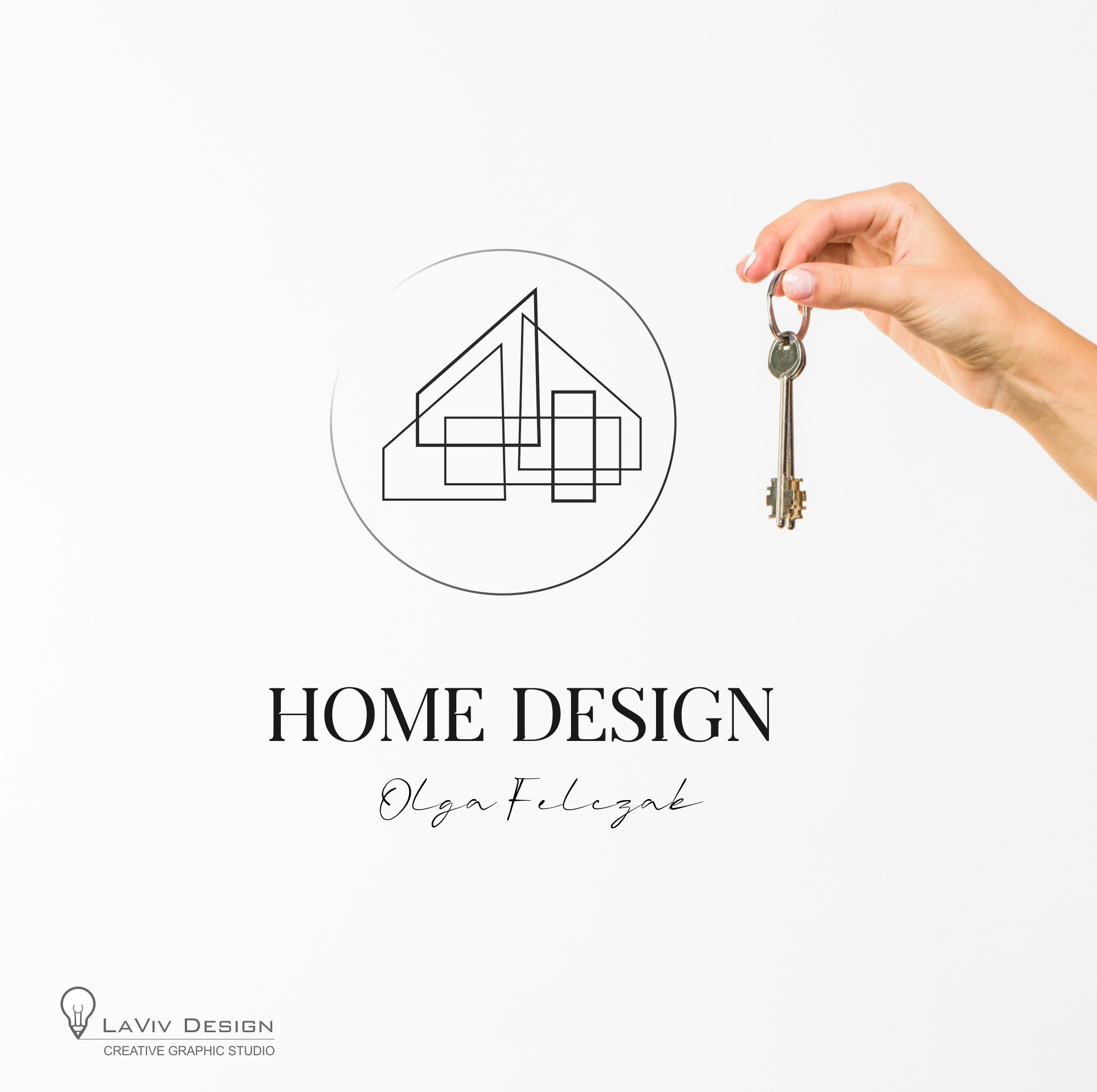 Minimalistyczne logo firmy Home Design z abstrakcyjnym rysunkiem domu w okręgu, poniżej nazwa firmy i podpis, z prawej strony dłoń trzymająca klucze na jasnym tle.
