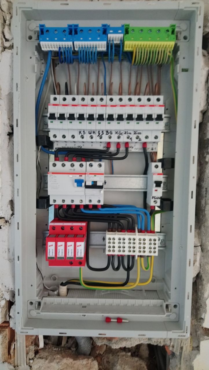 Otwarta skrzynka elektryczna z zainstalowanymi bezpiecznikami, przewodami i listwami zaciskowymi, widoczne ślady prac murarskich na ścianie.