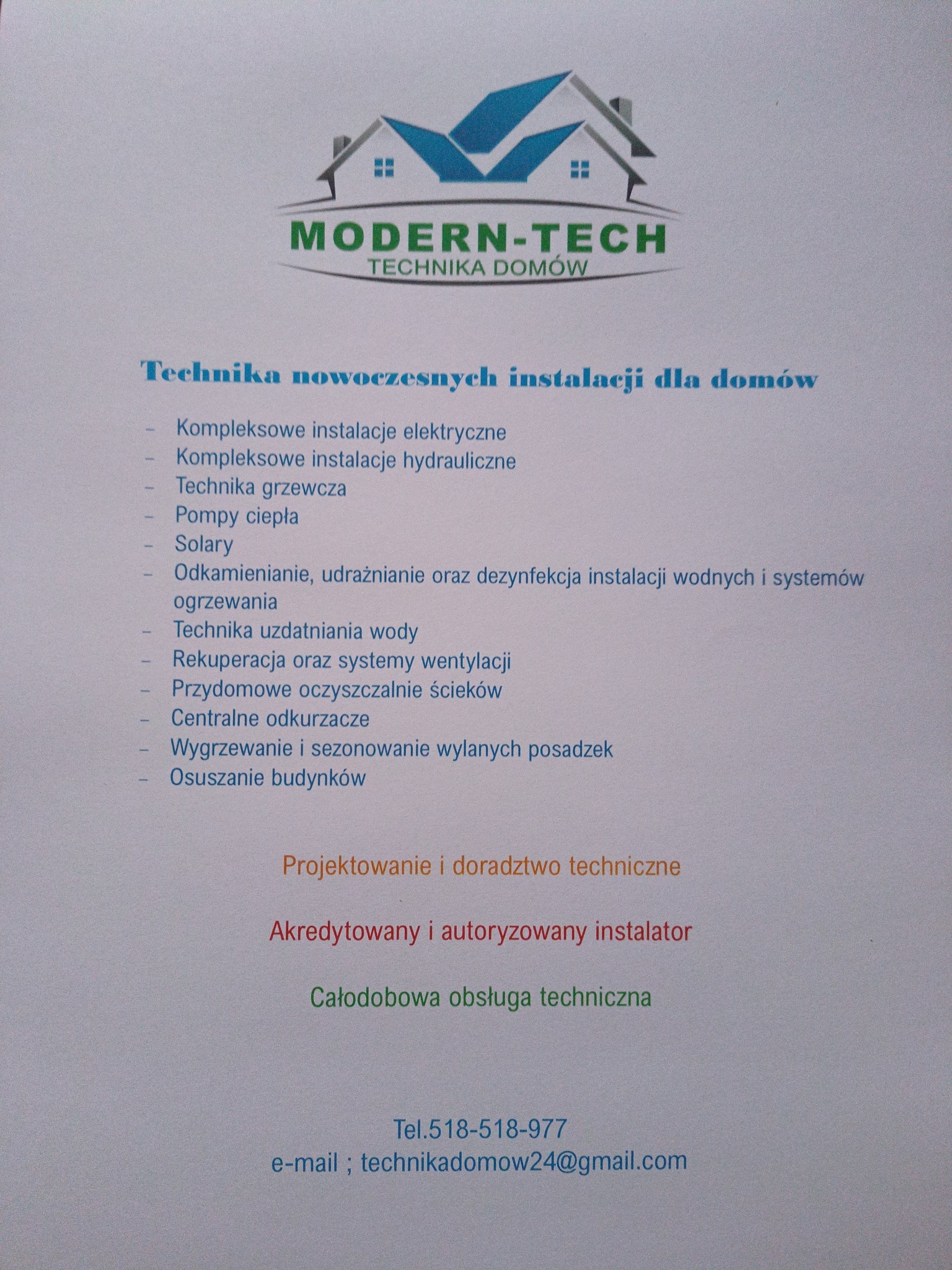 Ulotka reklamowa firmy Modern-Tech Technika Domów z listą oferowanych usług: instalacje elektryczne, hydrauliczne, grzewcze, pompy ciepła, solary, uzdatnianie wody, rekuperacja, oczyszczalnie...