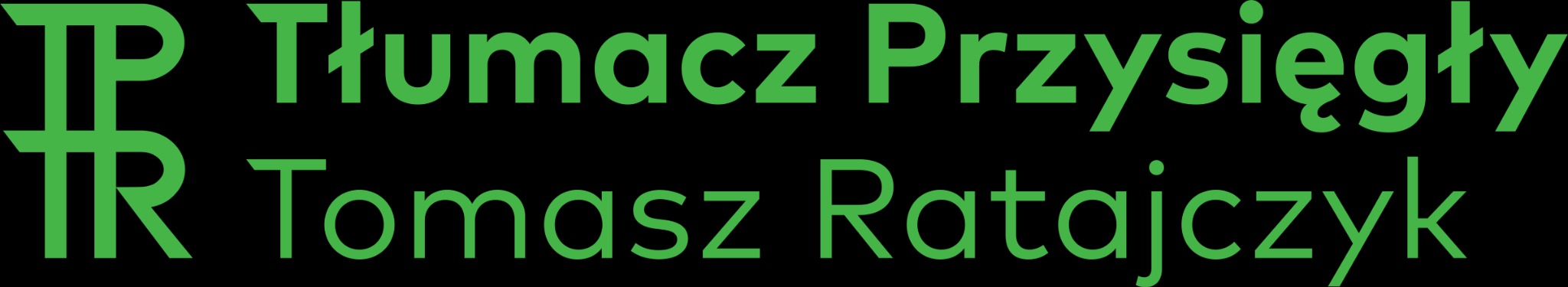Zielone logo firmy Tłumacz Przysięgły Tomasz Ratajczyk na czarnym tle.