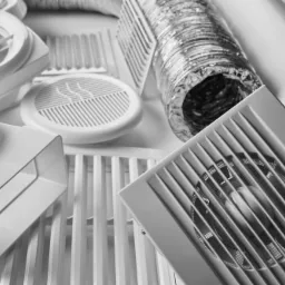 Zestaw białych elementów wentylacyjnych, w tym kratki, rury aluminiowe i wentylator kanałowy z siatką zabezpieczającą, ułożone na białym tle w neutralnym oświetleniu.