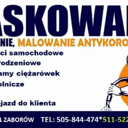 Ogłoszenie firmy oferującej usługi szkiełkowania, malowania antykorozyjnego i piaskowania felg, części samochodowych, przęseł ogrodzeniowych, naczep, ram ciężarówek i maszyn rolniczych z dojazdem...