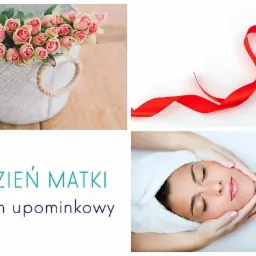Kompozycja czterech kadrów: róże w wiaderku, czerwona wstążka w kształcie serca, napis 'Dzień Matki bon upominkowy', kobieta z zamkniętymi oczami podczas masażu twarzy.