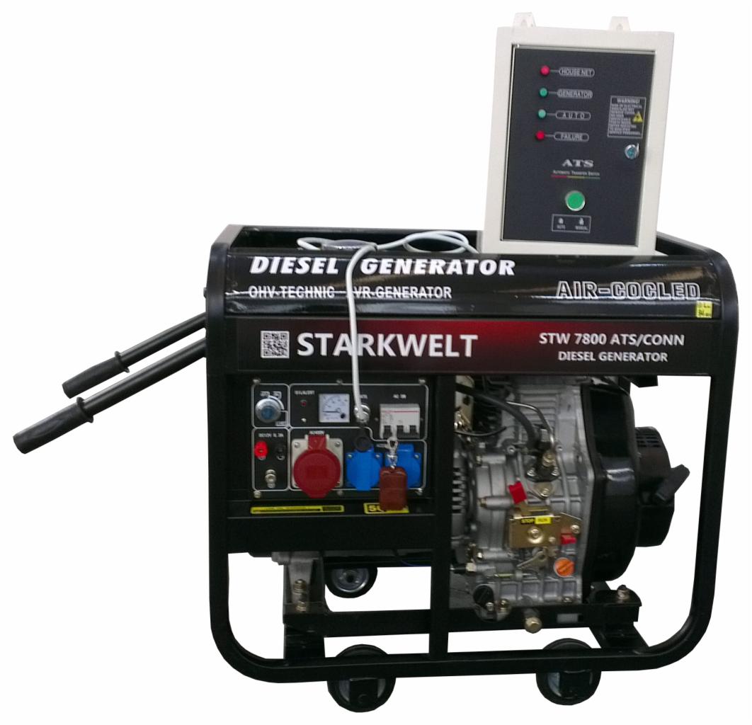 Agregat prądotwórczy diesel Starkwelt STW 7800 ATS/CONN z panelem sterowania, widoczne wskaźniki i gniazda zasilania, chłodzony powietrzem.