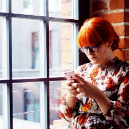 Kobieta z rudymi włosami w okularach, siedząca przy oknie z ceglaną ścianą w tle, przegląda coś na smartfonie.