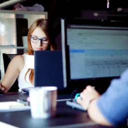 Kobieta w okularach pracuje przy komputerze, na ekranie widoczne wykresy, w tle regał z półkami, w kadrze widoczna również druga osoba. Na biurku kubek z kawą.