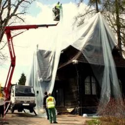 Drewniany kościół osłonięty folią ochronną podczas prac konserwatorskich, widoczny podnośnik koszowy i pracownicy w kamizelkach odblaskowych.