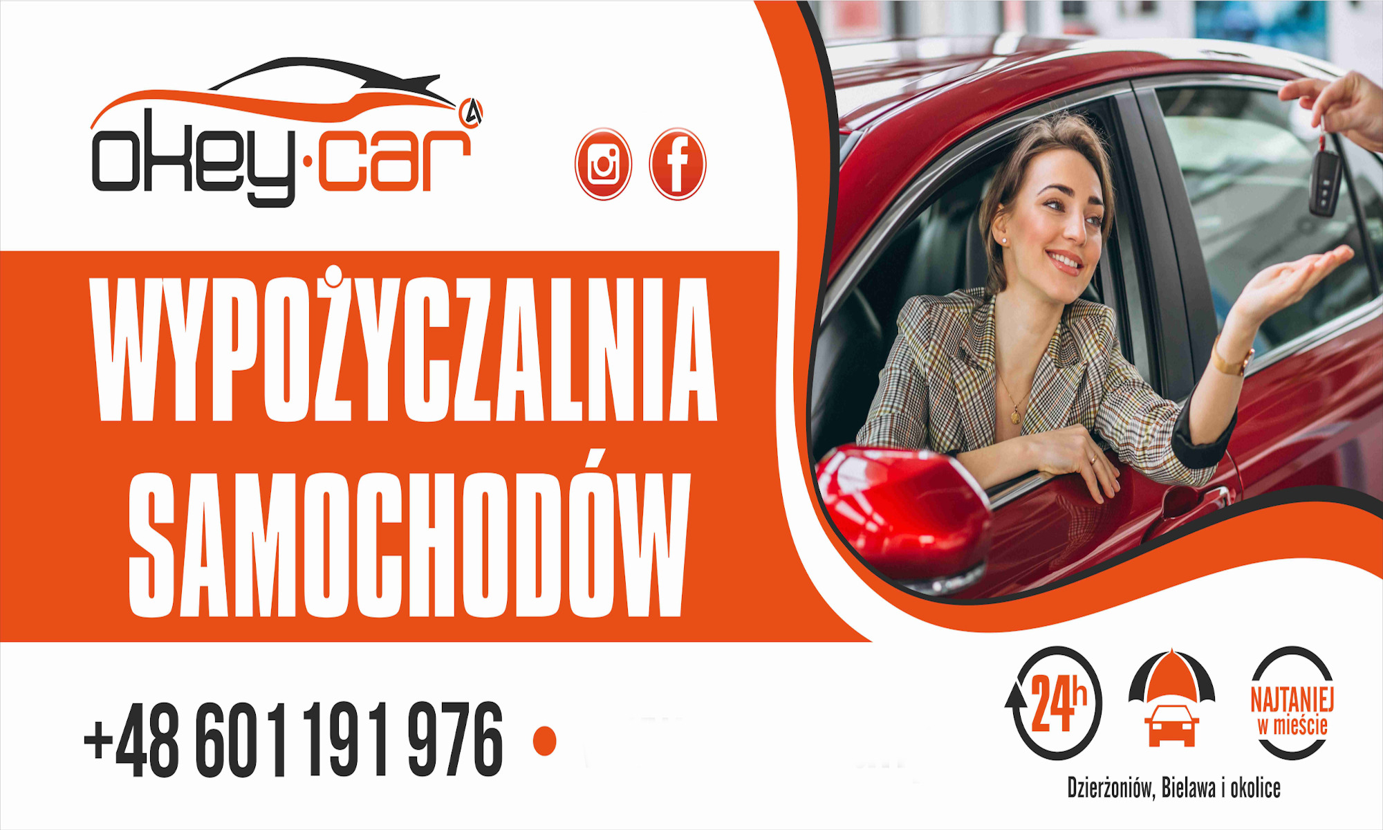 Reklama wypożyczalni samochodów: uśmiechnięta kobieta w czerwonym samochodzie odbiera kluczyki, logo firmy 'oKey-car' widoczne obok informacji kontaktowych i lokalizacji.