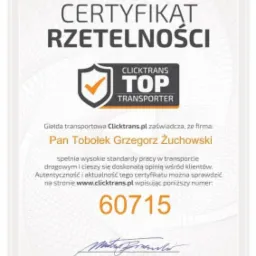 Certyfikat rzetelności Clicktrans Top Transporter dla firmy Pana Tobołka Grzegorza Żuchowskiego z numerem 60715, wydany w Gdyni 29.09.16.
