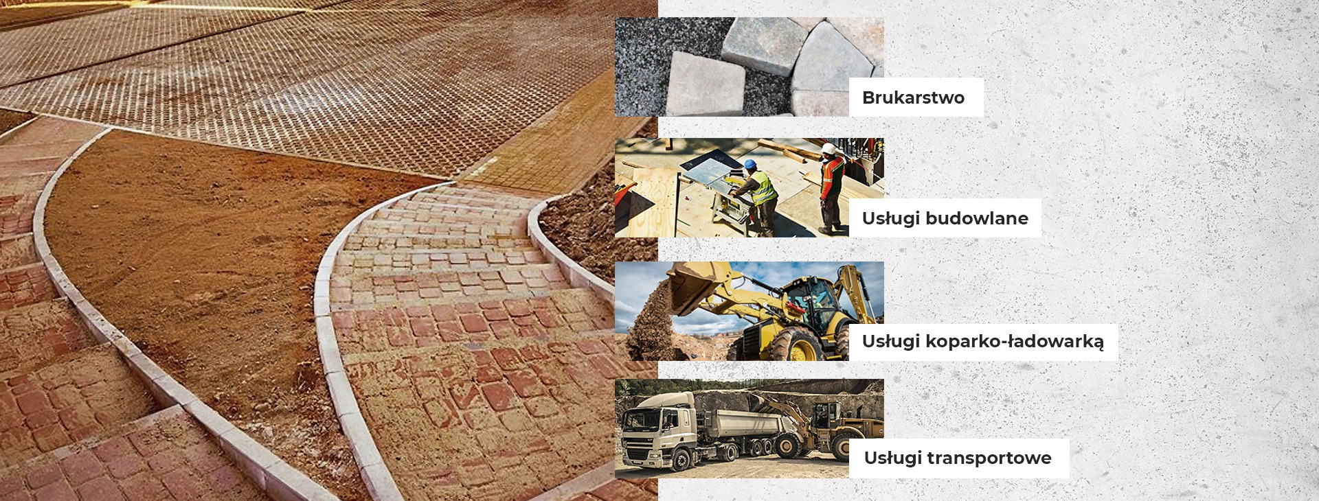 Fragment terenu z różnymi typami nawierzchni: schody z czerwonej kostki, trawnik z ażurowych płyt i ziemia przygotowana pod zasiew, obrzeża z jasnych kostek.