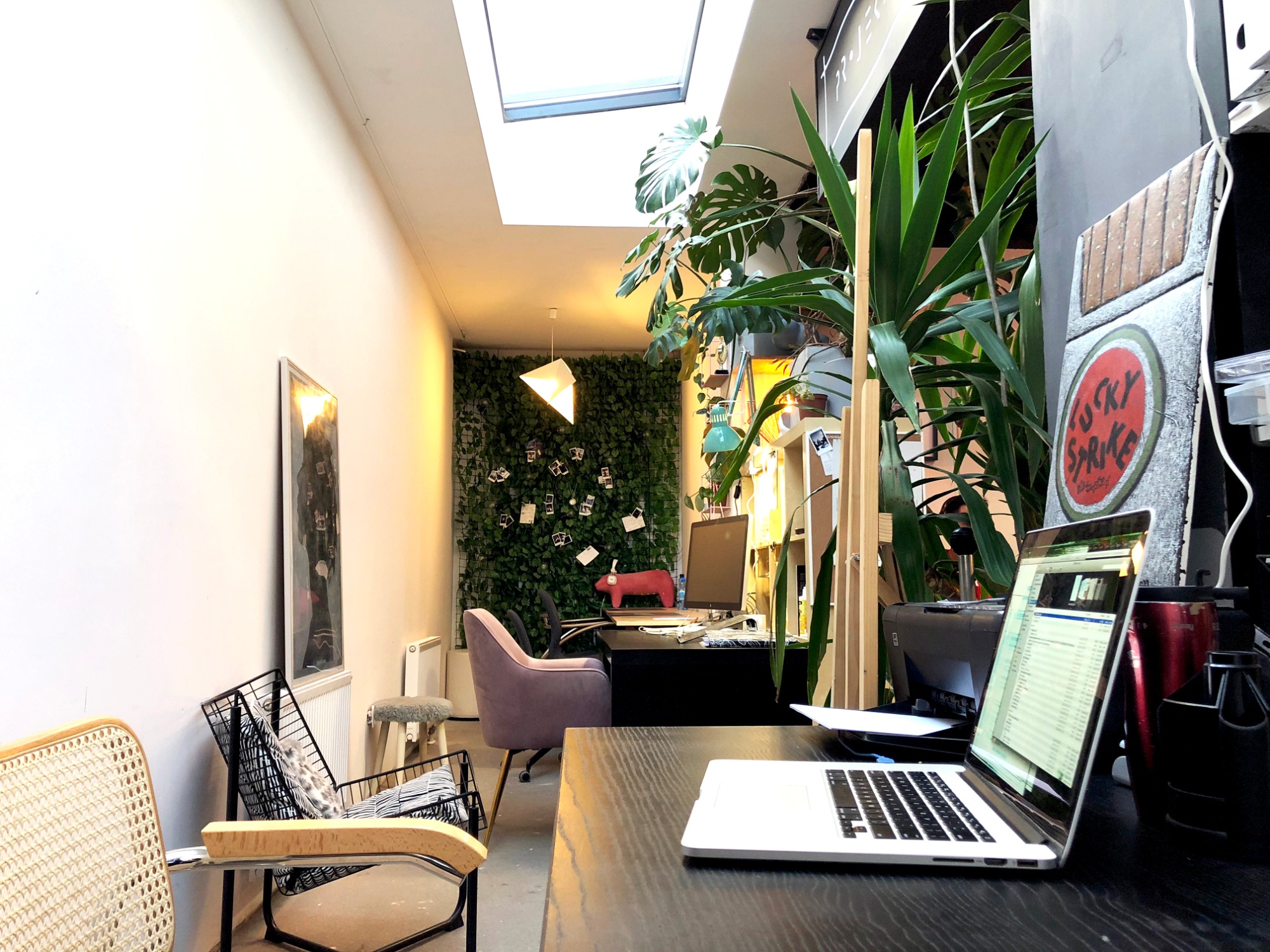 Jasne biuro z ścianą z zieleni, biurkiem z laptopem, krzesłami i oknem dachowym, dekorowane roślinami i elementami dekoracyjnymi.
